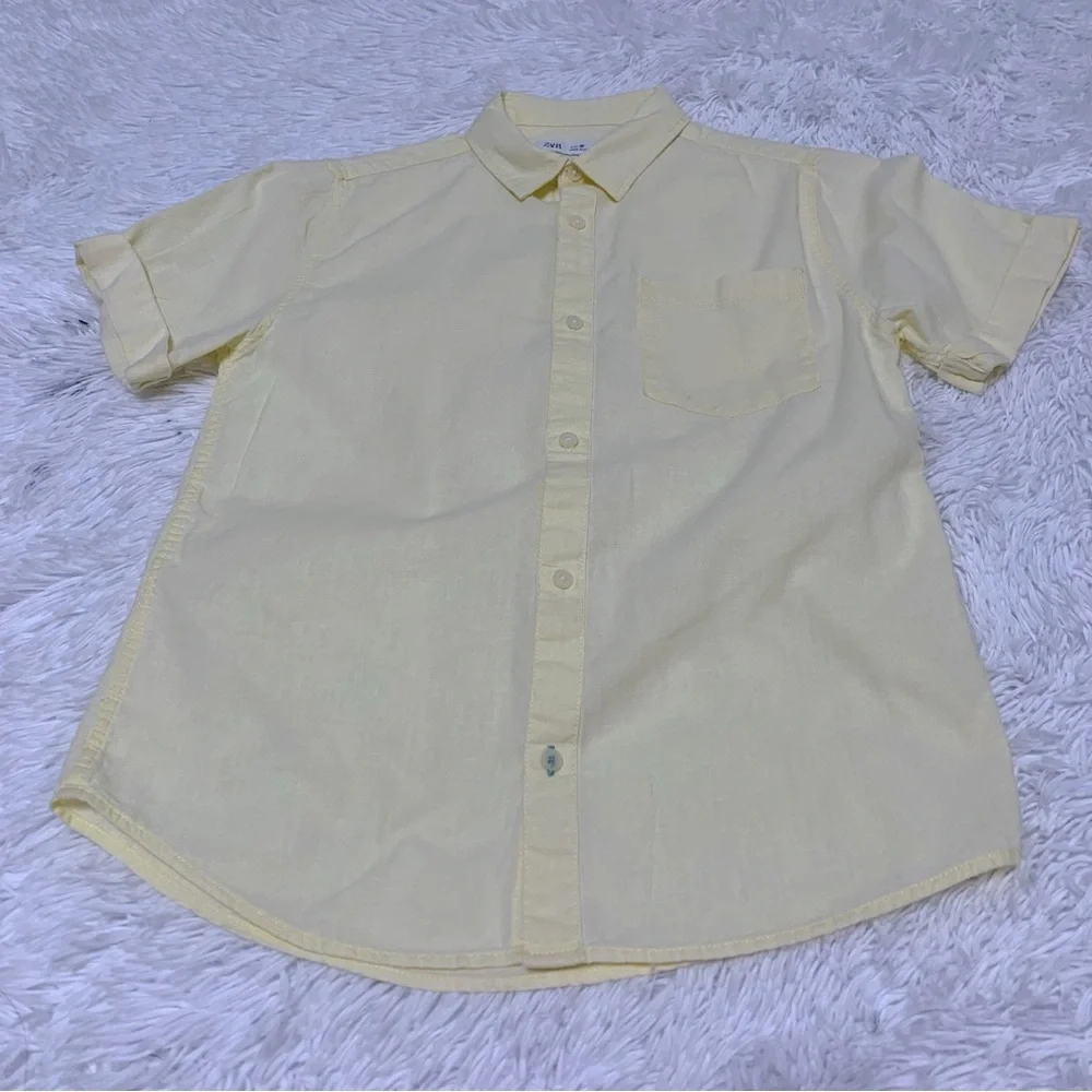 Zara boy's Short Sleeve linen blend button‎ up Shirt in light yellow